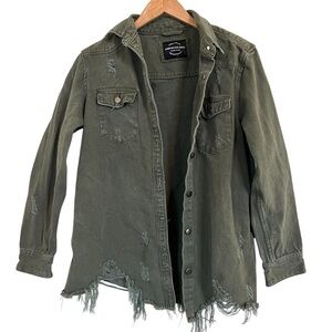 American Bazi Army Green Button Down Distressed Denim Jacket Size S